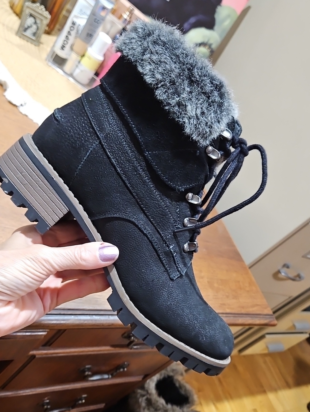 Spring Step Black Faux-Fur Cuff Lace-Up Winter Boots